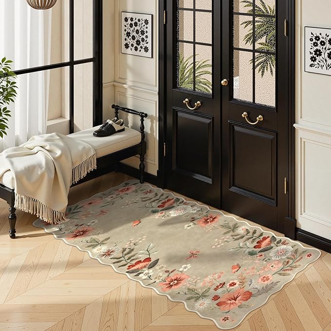 Lahome Floral Entryway Rug, 2x4 Washable Fall Kitchen Rug Ultra-Thin, Soft Non-Slip Door Mat Indoor Entrance Stain Resistant Boho Small Low-Pile Throw Carpet for Bathroom Bedroom, Brown