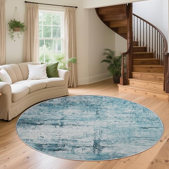 Round 4ft Area Rug Modern Abstract Washable for Living Room Entryway Dining Room Home Office Teal Gray
