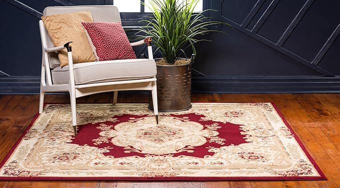 Rugs.com Chateau Collection Rug – 7' Square Red Medium Rug Perfect for Living Rooms, Kitchens, Entryways