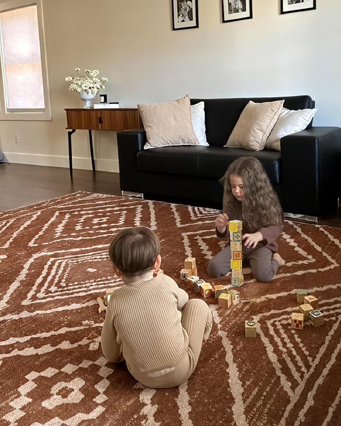 Area Rug 6x9 Rug Machine Washable Non-Slip Low Pile Print Pattern Western Rug for Living Room Bedroom Entryway Tribal Series -Yellowbrown/Cream