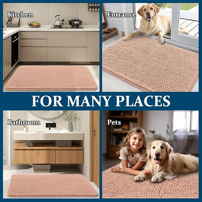 OLANLY Dog Door Mat for Muddy Paws 47x24, Absorbs Moisture and Dirt, Absorbent Non-Slip Washable Doormat, Quick Dry Chenille Mud Mat for Dogs, Entry Indoor Entryway Carpet for Inside Floor, Peach