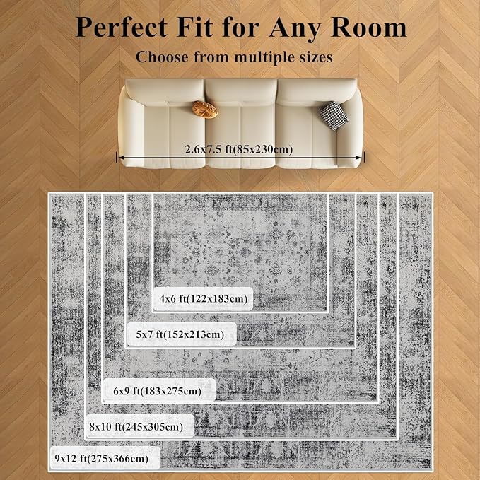Washable Area Rugs 8x10, Large Rugs for Living Room, Carpet for Bedroom, Soft Faux Wool Retro Dining Room Rug, Non-Slip Backing Resistant Low Pile Vintage Print Rug for Home Office (White/Grey)