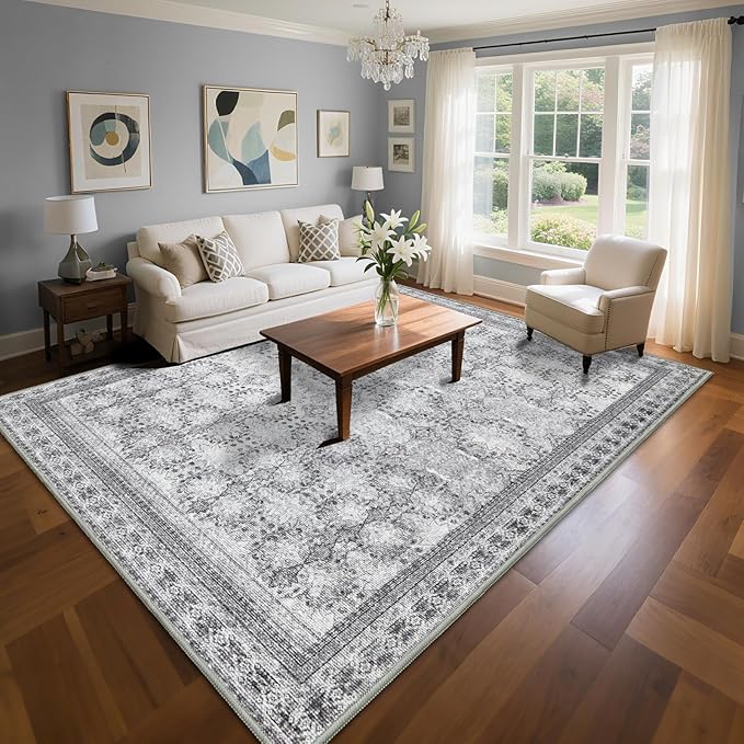 4x6 Area Rug for Bedroom Machine Washable, Non Slip Vintage Floral Kitchen Rugs for Dining Room,Rustic Indoor Floor Carpet for Kids Room, Playroom, Office Classroom Faded Grey