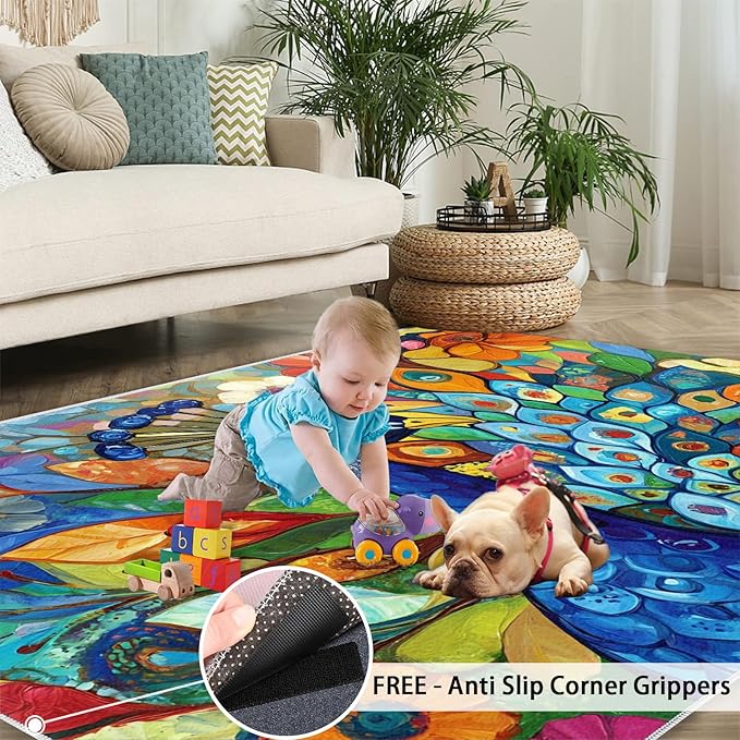 Boho Peacock Rug Small - 4x5 Rug, Colorful Peacock Washable Rugs for Living Room, Teal Turquoise Carpet, Modern Style Non-Slip Area Rugs for Bedroom, Aesthetics Carpet - Peafowl Home Decor & Gifts