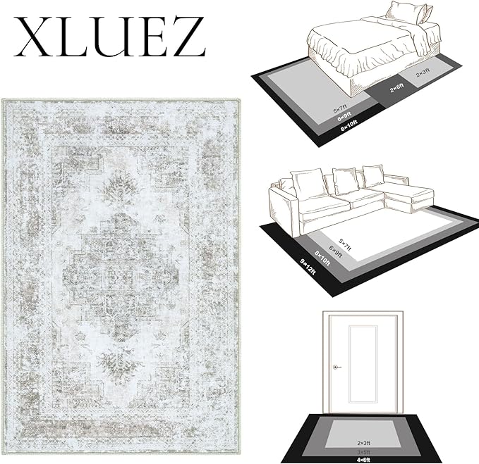 Area Rug 9x12 Living Room Rug, Machine Washable Vintage Distressed Medallion Rug Non-Slip Soft Low Pile Large Indoor Rugs for Bedroom Kitchen Dining Room Office(Taupe,9'x12')
