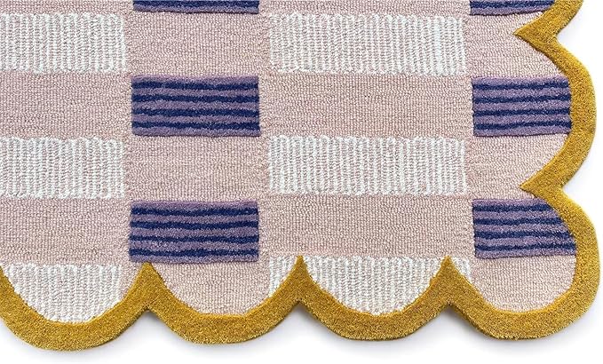 Hand-Tufted Wool Rug with Scalloped Edges, Light Blue Plaid Pattern, Cozy Soft Area Rug for Living Room, Bedroom, and Nursery, Handmade Modern Accent Rug (Pink, 5X7 FEET)