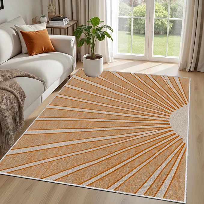 Boho Sun Print Area Rug for Living Room 5x6, Modern Abstract Non-Slip Washable Rugs, Soft Stripe Minimalism Carpet for Bedroom, Nursery, Entryway, Dining Room & Office Decor, Orange White