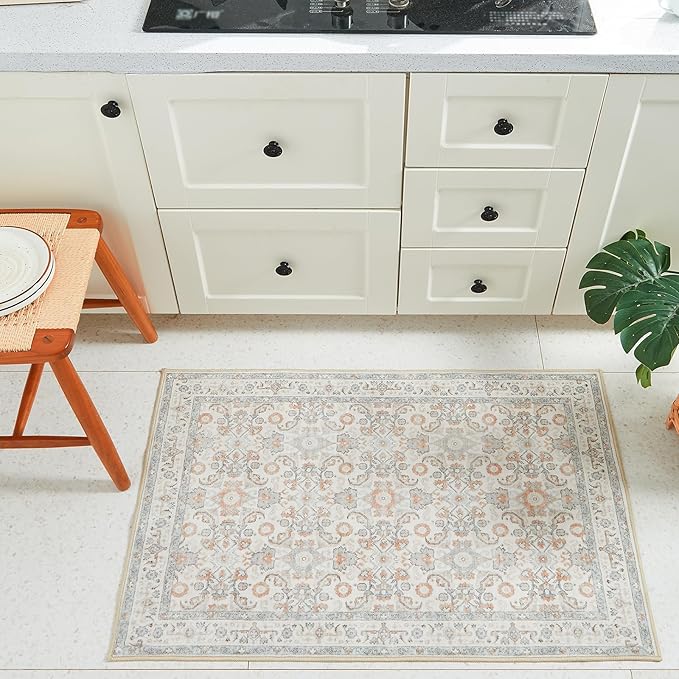 WITSHOCK Washable 2x3 Entryway Area Rug: Soft Non-Slip Backing Washable Rugs Vintage Flower Boho Accent Small Rugs for Bedroom, Kitchen, Bathroom, Nursery Entrance,Camel