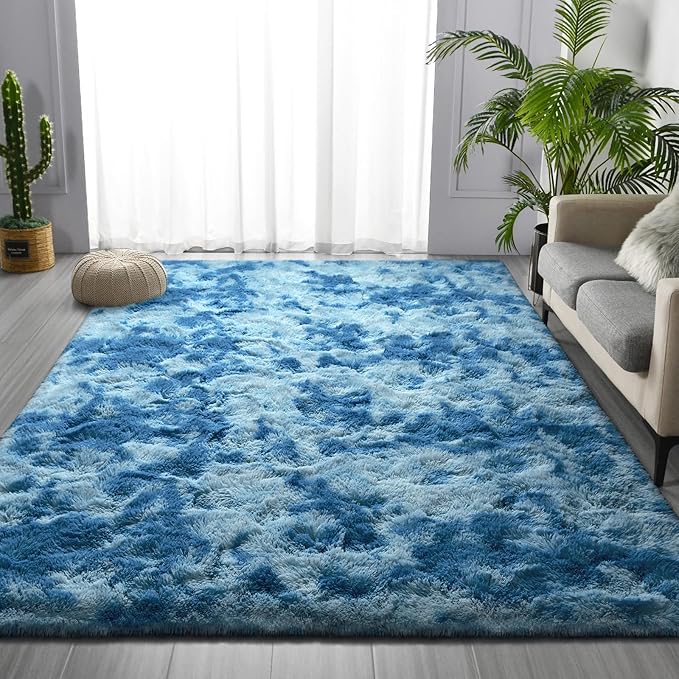 Shag Area Rug, 4 X 6 Tie-Dyed Plush Fuzzy Rugs for Living Room, Ultra Soft Fluffy Furry Rug for Bedroom, Indoor Carpet Nursery Rugs for Kids Room Home Decor, Bright Blue