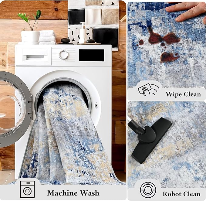 Washable Abstract Rug, 8x10 Modern Area Rugs with Non-Slip Rubber Backed for Living Room, Thin but Soft Contemporary Carpet Kitchen Bedroom Dining Room Decor, Midnight Blue