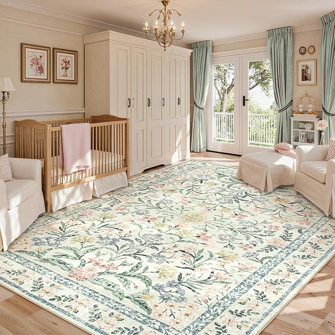 Lahome Boho Washable Girls Bedroom 9x12 Rugs, Beige Cream Floral Large Area Rugs for Bedroom, Soft Non-Slip Thin Carpet for Nursery Kids Playroom Dining Room Home, Beige
