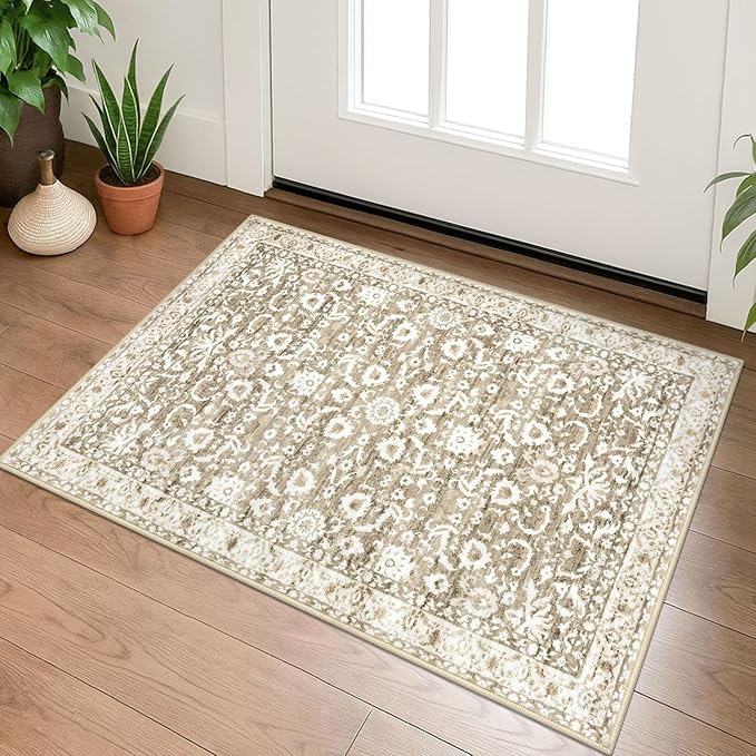 Vintage Entryway Rug 2x3 Washable, Beige Tan White Kitchen Rug, Super Soft Thin 100% Polyester Small Area Rug, Non-Slip Accent Mat for Foyer, Bedroom, Office