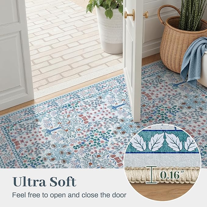 9x12 Area Rug Living Room Rug - Floral Vintage Forest Washable Carpet, Low Pile Non-Slip Stain Resistance Boho Soft Large Carpet for Bedroom, Dining Room Under Table, Farmhouse (9'x12' Blue/Pink)