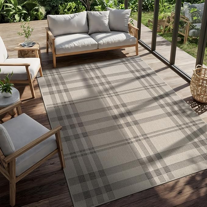 CAMILSON Easy Jute Rug 5x7, Indoor Outdoor Off-White Color Fiber Area Rugs for Living Room Patio and Kitchen Rug Checkred Boho Woven Design, Easy-Cleaning, Washable Outside Carpet (5 x 7)