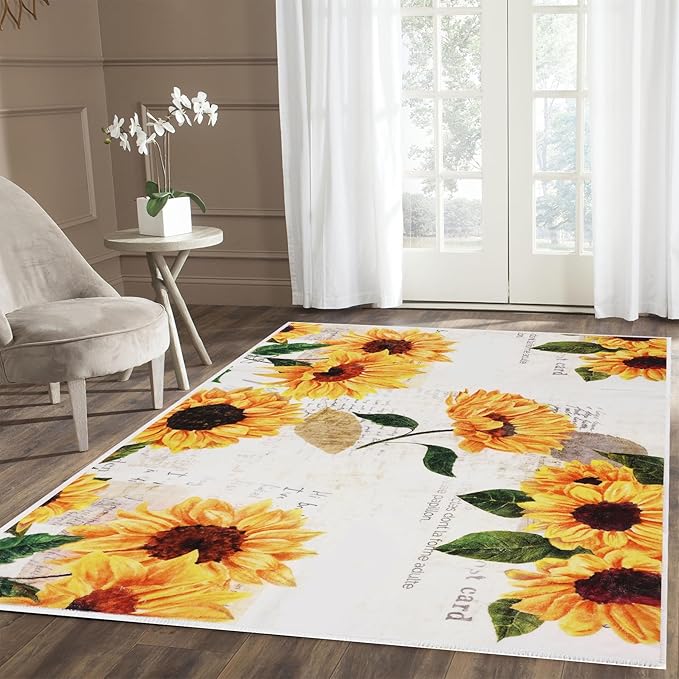 Sunflower Rug 5' x 7' Large Oil Painting Artwork Rugs for Living Room Bedroom, Non Slip Washable Low-Pile Soft Indoor Floor Throw Carpet for Apartment Bathroom Dining Room