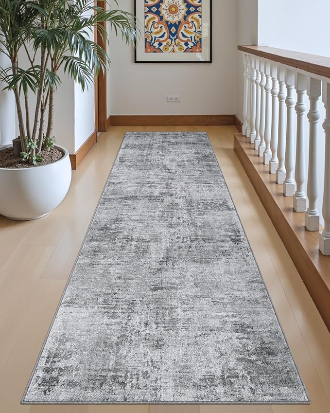 DEXI Hallway Runner Rug 3x10, Modern Abstract Non Slip Thin Soft Runners Carpet, Stain Resistant Washable Indoor Rug for Hallway Entryway Kitchen Laundry Room Living Room, Light Grey