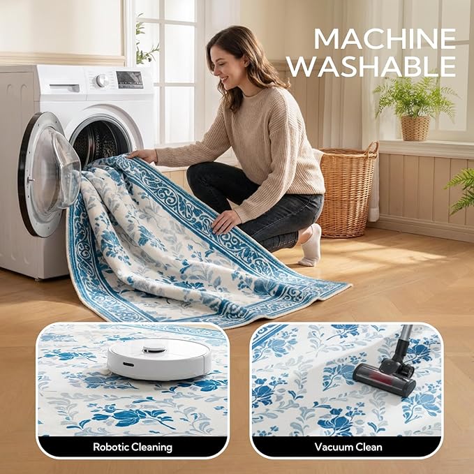 SOULFUL Medium Pile 8x10 Rugs for Living Room - Soft Underfoot Large Area Rug - Blue Boho Floral - Washable Non-Slip - Perfect for Bedroom Kids Room Under Dining Table Office