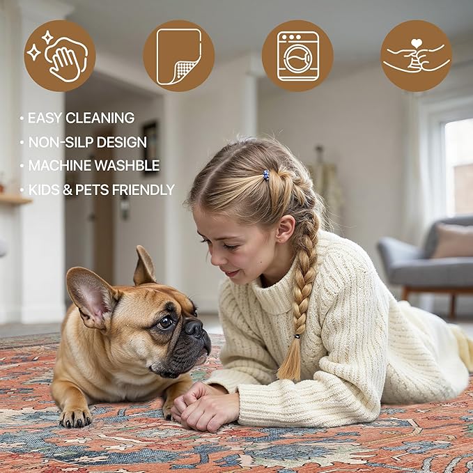 Bavni Runner Rug, Machine Washable Rugs for Bedroom 2x10, Non Slip Boho Rugs with Rubber Backing, Ultra-Thin Folable Rug Runner for Hallways Bathroom, Terracotta/Blue