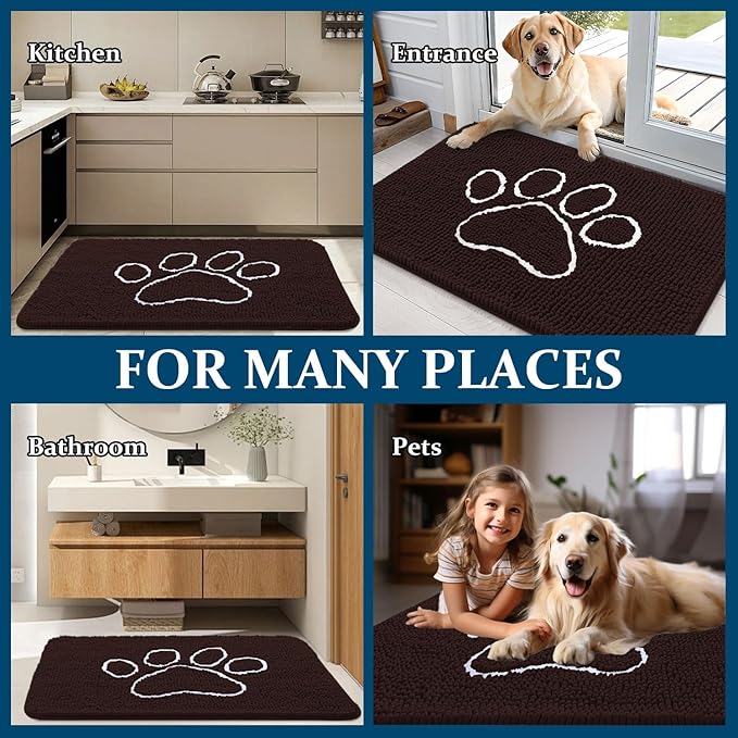 OLANLY Dog Door Mat for Muddy Paws 70x24, Paw Print Design, Absorbs Moisture and Dirt, Absorbent Non-Slip Washable Doormat, Quick Dry Chenille Mud Mat for Dogs, Entry Indoor Entryway Carpet, Brown