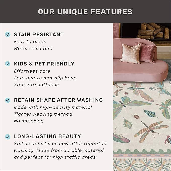 Green and Blue Insect 6ft Round Soft Rugs for Nursery, Bedroom Beside Bed - Non Skid Rug Low Pile Washable Living Room Rugs, Forest Butterfly Design Stain Resistant Home Décor
