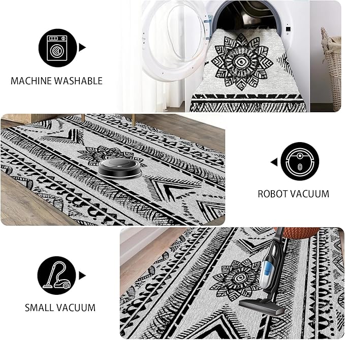 Area Rugs Moroccan for Living Room 7x10, Washable Non-Slip Boho Rug, Neutral Farmhouse Soft Carpet for Bedroom, Kitchen, Dining Room, Entryway, Geometric Print Tribal Carpets, Black and White