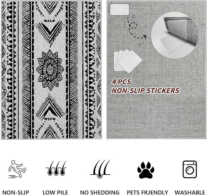 Area Rugs Moroccan for Living Room 6x8, Washable Non-Slip Boho Rug, Neutral Farmhouse Soft Carpet for Bedroom, Kitchen, Dining Room, Entryway, Geometric Print Tribal Carpets, Black and White