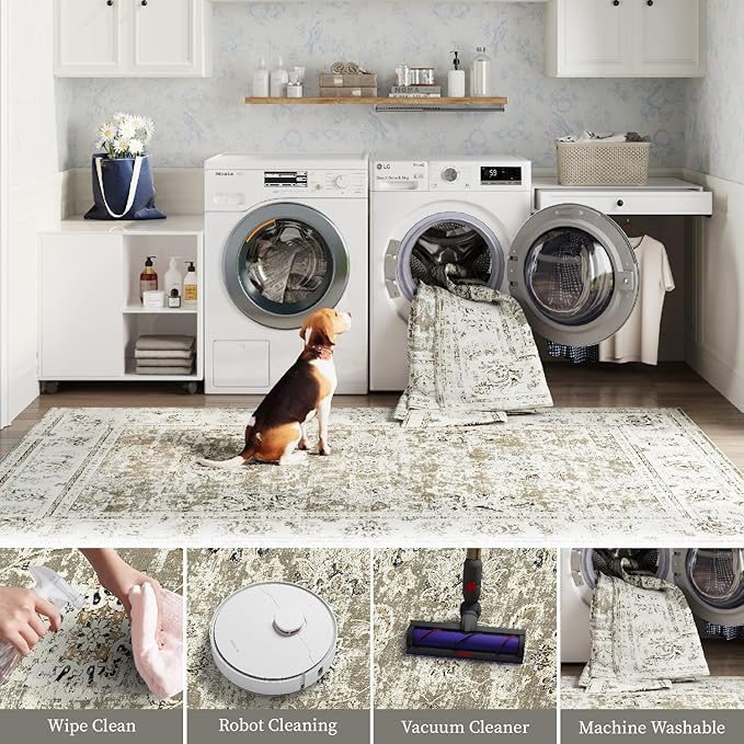 jinchan Fiora Hallway Runner Rug 3x10 Washable Runner - Vintage Floral Non Slip Low-Pile Soft Thin Faux Wool Kitchen Rug Distressed Carpet for Farmhouse Bedroom Laundry Room(3x10ft, Taupe)