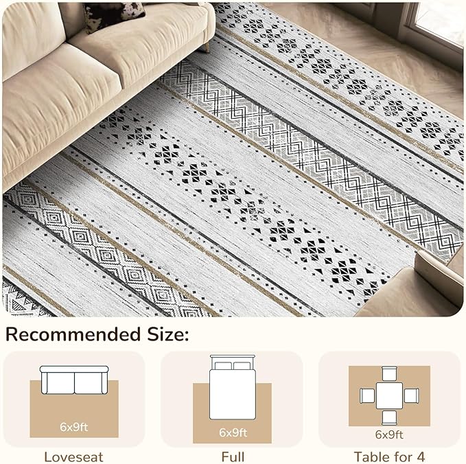 BESTSWEETIE 6x9 Area Rugs for Living Room Washable Moroccan Farmhouse Neutral Geometric Low Pile Non-Slip Soft Print Pattern Rug for Bedroom Kitchen Dining Room Entryway Black/Brown