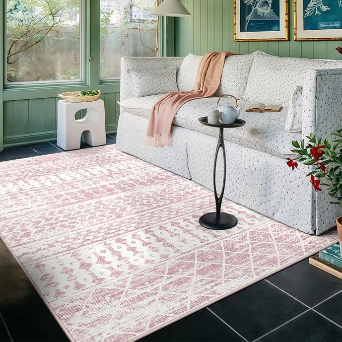 4x6 Machine Washable Area Rug for Living Room, Pink Vintage Moroccan Rug Large Non-Slip Low Pile Soft Faux Wool Carpet, Kids and Pets Friendly for Bedroom Dining Room Farmhouse Home Decor Rug