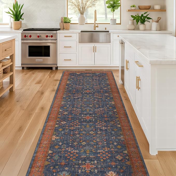 Navy Blue Runner Rug 2x5 for Kitchen, Hallway, Mudroom, Laundry Room, Bathroom, Washable Non Slip Non Skid Rubber Backing Low Pile Stain Resistance