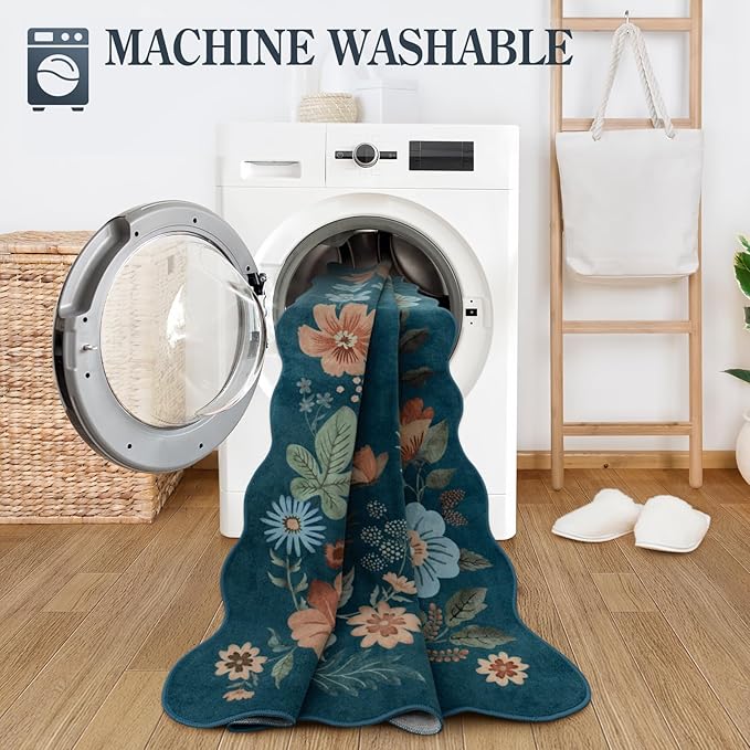Lahome Floral Kitchen Runner Non-Slip, 2X6 Soft Washable Hallway Runner Rug, Ultra-Thin Stain Resistant Boho Laundry Room Rug Low-Pile Carpet for Bathroom Entryway Bedroom, Navy Blue