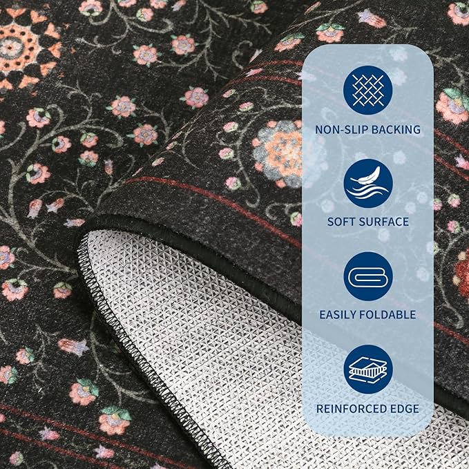 GarveeHome Boho 2x6 Runner Rug for Hallways Non Slip, Vintage Botanical Kitchen Rugs Washable Area Rug for Entryway Stain Resistant, Low Pile Soft Runner Black Carpet for Bedroom Floor Laundry Room