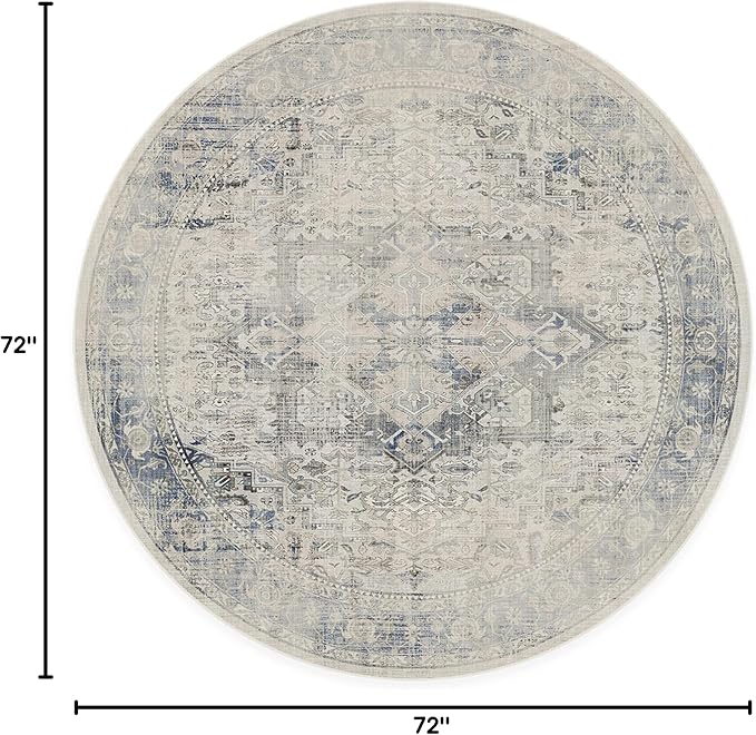 RUGGABLE Washable Vintage Area Rug – Kamran Blue Quartz 6 ft Round, Stain-Resistant, Non-Slip – Medium Machine Washable Rugs for Living Room, Bedroom, Hallway, Entryway & Office–with Standard Pad