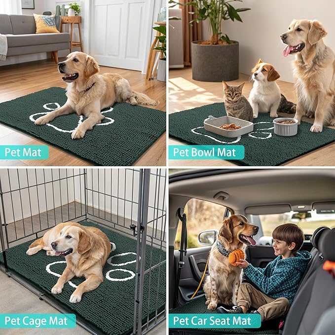 Smiry Dog Door Mat for Muddy Paws, Absorbent Dirt Trapper Non Slip Quick Dry Washable Chenille Mat for Mud Dogs, Entry Rug for Indoor and Outdoor (47x32 Inches, Green and White)
