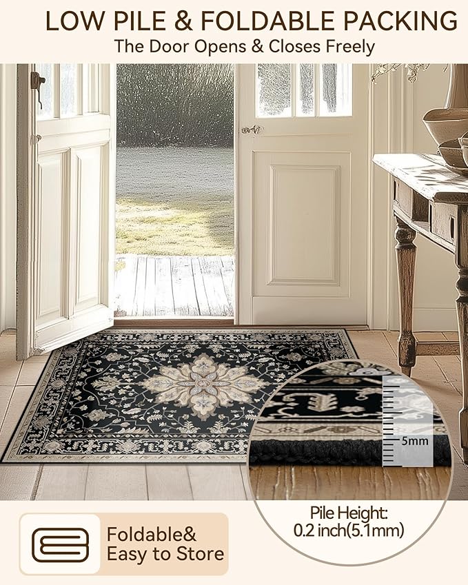 Area Rugs 2'x8' Washable Non-Slip, Floral Vintage Distress Print Pattern Medallion Carpet for Living Room Bedroom Dining Room, Black Brown Neutral Dark Tan