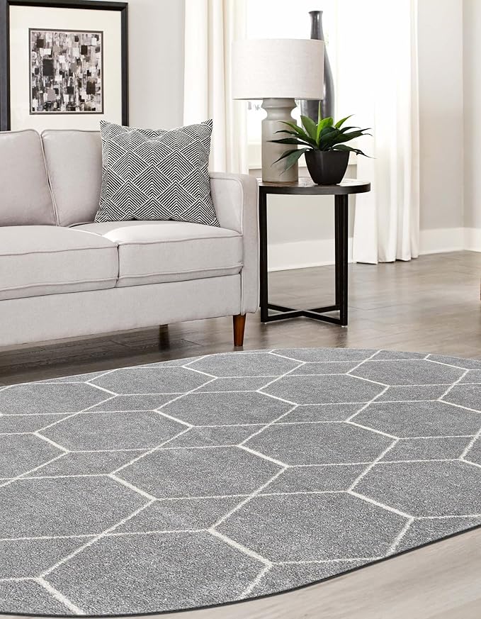 Unique Loom Trellis Frieze Collection Area Rug - Geometric (4' x 6' Oval, Light Gray/ Ivory)