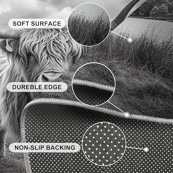 Highland Cattle Rugs for Bedroom - 5x6 Area Rug - Black White Highland Cattle Rugs for Living Room, 3D Natural Landscape Rug, Non-Slip Washable Home Decor Carpet