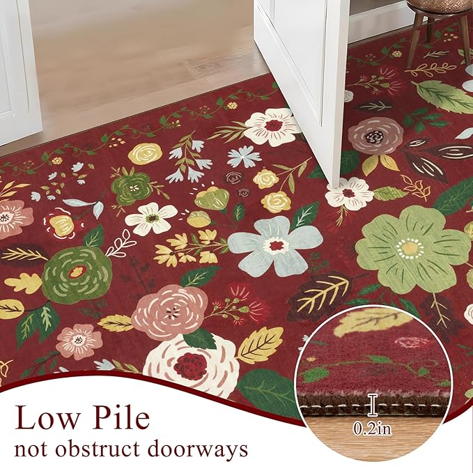 U'Artlines 3x5ft Colorful Red Christmas Floral Rug,Non Slip Washable Area Rug Ultra Soft Low Pile Boho Small Carpet for Living Room, Bedroom, Dining Room,Farmhouse,Office