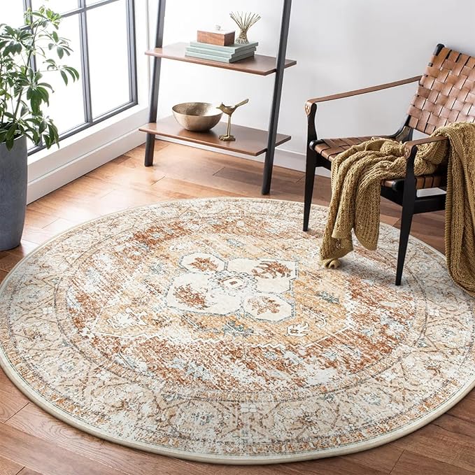 Lahome Boho Round Rugs - 4Ft Washable Non-Slip Small Round Area Rug Throw Lightweight Round Nursery Carpet Kids，Oriental Distressed Print Kitchen Mat for Bedroom Entryway Bathroom Living Room