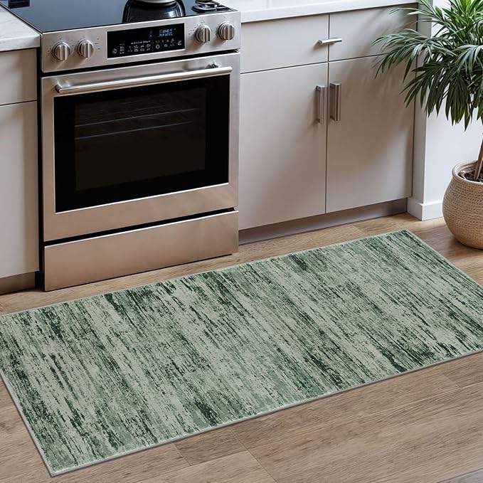 Modern Abstract Runner Rug 2x5, Forest Green Washable Kitchen Runner Entryway Rug Mat Non-Slip Soft Hallway Rug Runner Thin Print Faux Wool Carpet for Bedroom Laundry Room Indoor