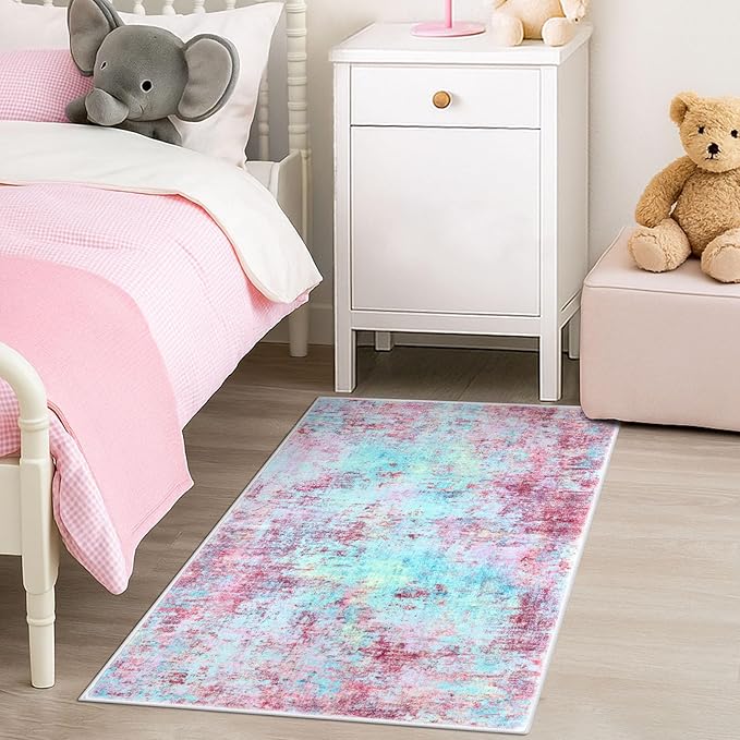 Modern Abstract 2x3 Girls Room Rug, Machine Washable Blush Pink Sky Blue Small Area Rug Thin Kitchen Mat Non-Slip, Print Faux Wool Soft Floor Carpet for Girl Women's Bedroom Entryway Bedside