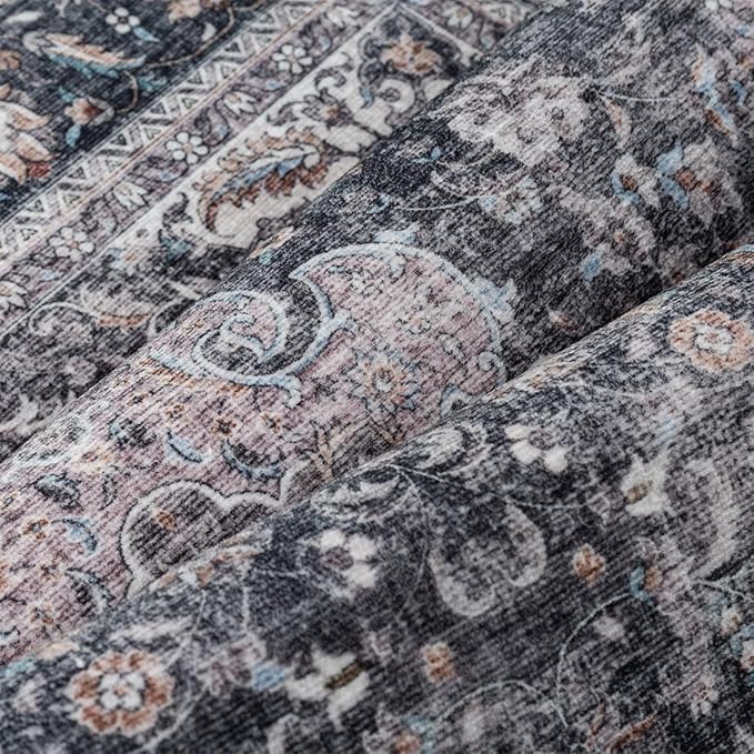 6x9 Washable Vintage Area Rug Black Grey Living Room Bedroom Carpet Non-Slip Soft Low Pile Distressed Indoor Throw Rug for Dining Room Entryway Office