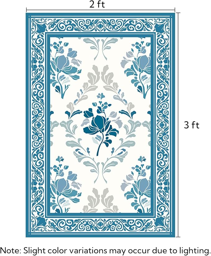 SOULFUL Medium Pile 2x3 Entryway Rug - Soft Underfoot Small Area Rug - Blue Boho Floral - Washable Non-Slip - Perfect for Hallway Kitchen Bedroom Bathroom Indoor Entrance