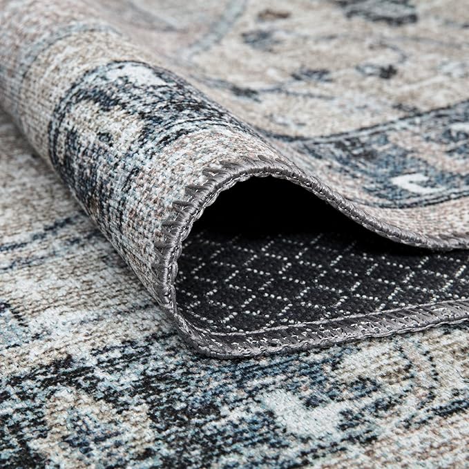 Bloom Rugs Washable Non-Slip 12 ft Runner - Pebble Gray/Blue Traditional Medallion Runner for Entryway, Hallway, Bathroom, and Kitchen - Exact Size: 2.5' x 12'