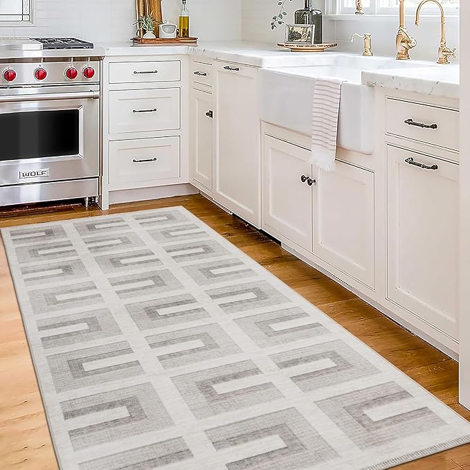ReaLife Rugs Machine Washable Area Rug Runner - Living Room Bedroom Bathroom Kitchen Entryway Office - Non-Slip Baking Low Pile Stain Resistant Premium - Modern Geometric - Remi - Beige 2'6" x 8'