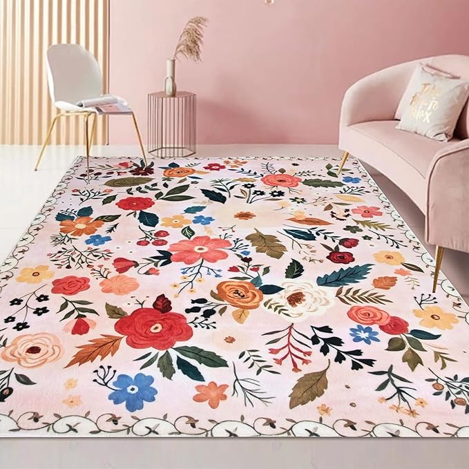 Floral Rug 4x6 Washable Low Pile Living Room Vintage Rug Soft Print Non-Slip Bedroom Carpet for Office Dining Room Home Decor（Pink）
