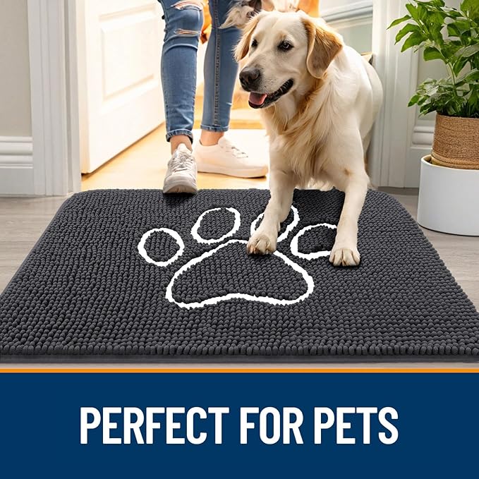 OLANLY Dog Door Mat for Muddy Paws 47x24, Paw Print Design, Absorbs Moisture and Dirt, Absorbent Non-Slip Washable Doormat, Quick Dry Chenille Mud Mat for Dogs, Entry Indoor Entryway Carpet, Dark Grey