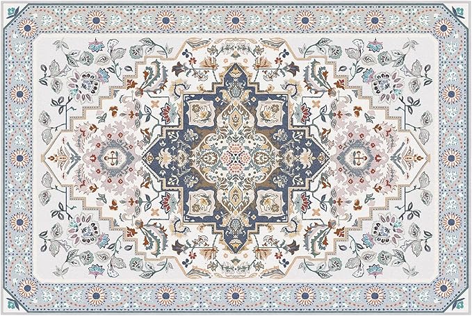 Phantoscope Washable Area Rug 6'x9' Non-Slip, Vintage Boho Rugs for Living Room, Bedroom, Dining Room, Persian Floral Medallion Pattern, Low-Pile Foldable Floor Carpet, Ivory Blue/Garden Bloom