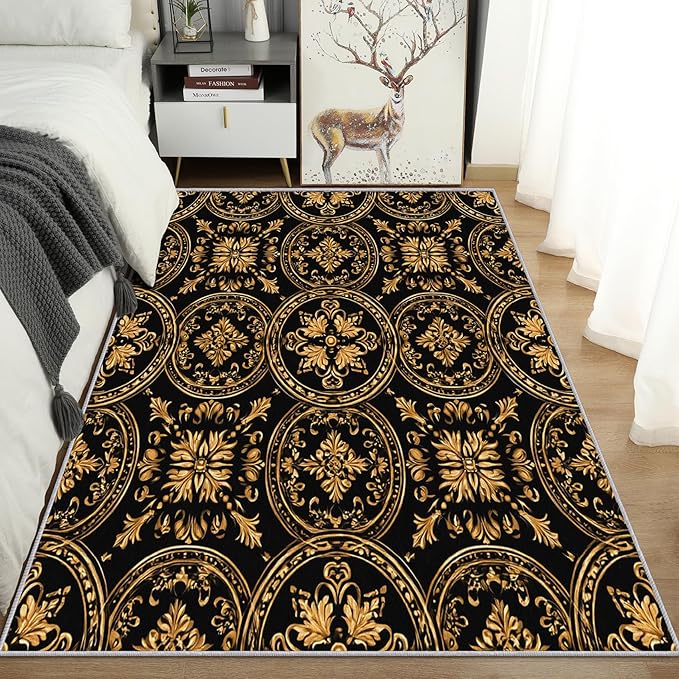 Black Gold Baroque Rug, Washable 6x8 Rug for Living Room, Floral Geometric Patterned Indoor Carpet, Black Gold Baroque Decor for Home, Bedroom, Soft Non Slip Thin Design FER70