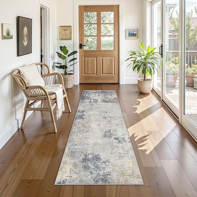 2X6 Washable Runner Rug for Hallway: Soft Neutral Modern Abstract Area Rug - Non-Slip Low Pile Long Throw Indoor Carpet for Kitchen Entryway Kitchen Bedroom Laundry Bathroom- Blue Grey